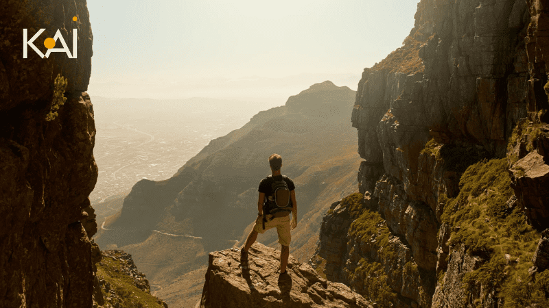 A person climbing a steep mountain, symbolizing the patience and persistence required in business endeavors.