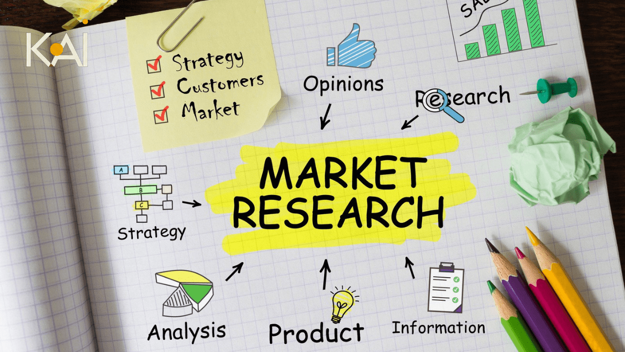 Conceptual diagram showing market research connections with strategy, customers, opinions, product development, analysis, and sales growth on graph paper background.